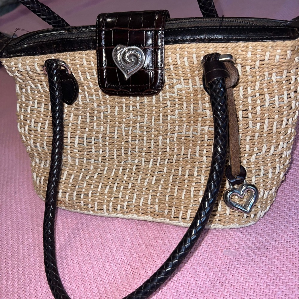 Brighton‎ Straw Tote Bag Brown Croc Leather Trim Heart Charm Woven Satchel